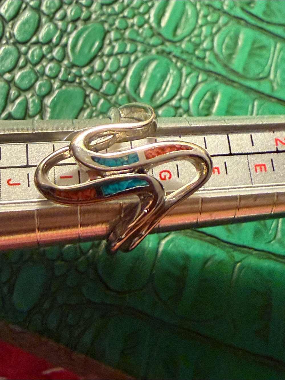 Sterling Silver Snake Wrap Ring with Turquoise and Coral Inlay